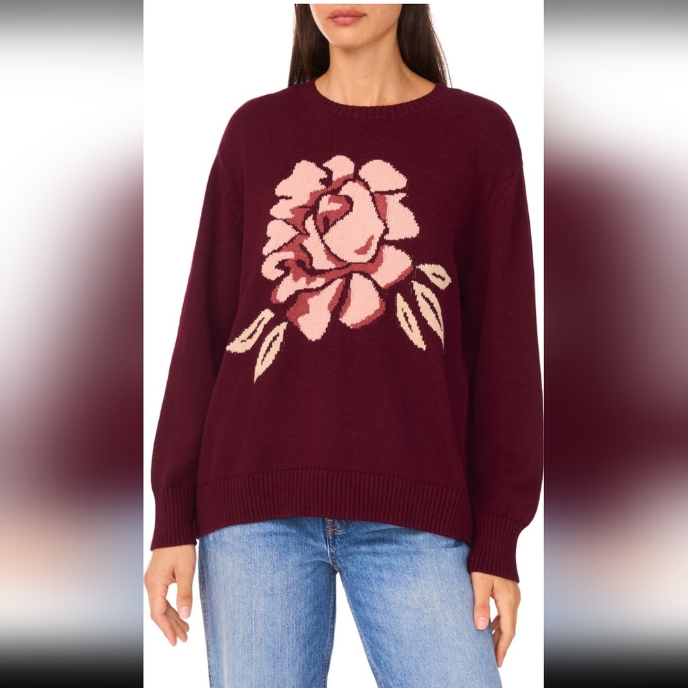 Cece Floral Jacquars Sweater S Color Wine New 100 % Cotton